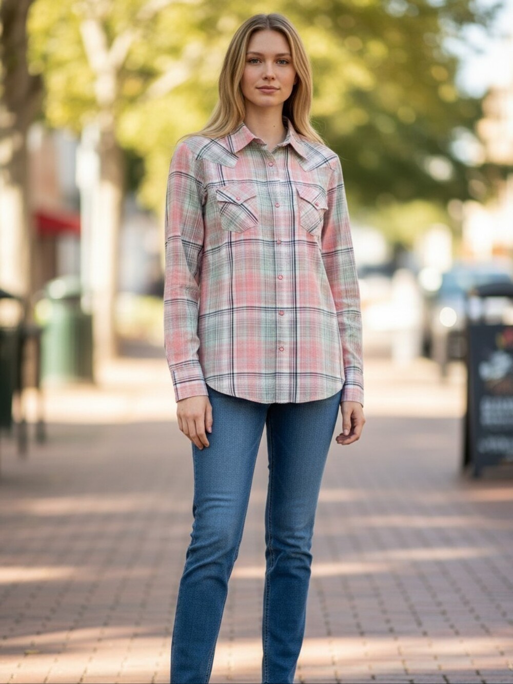 Wrangler As Real As Women's Western Plaid Pearl Snap Shirt Pink Mint Green L